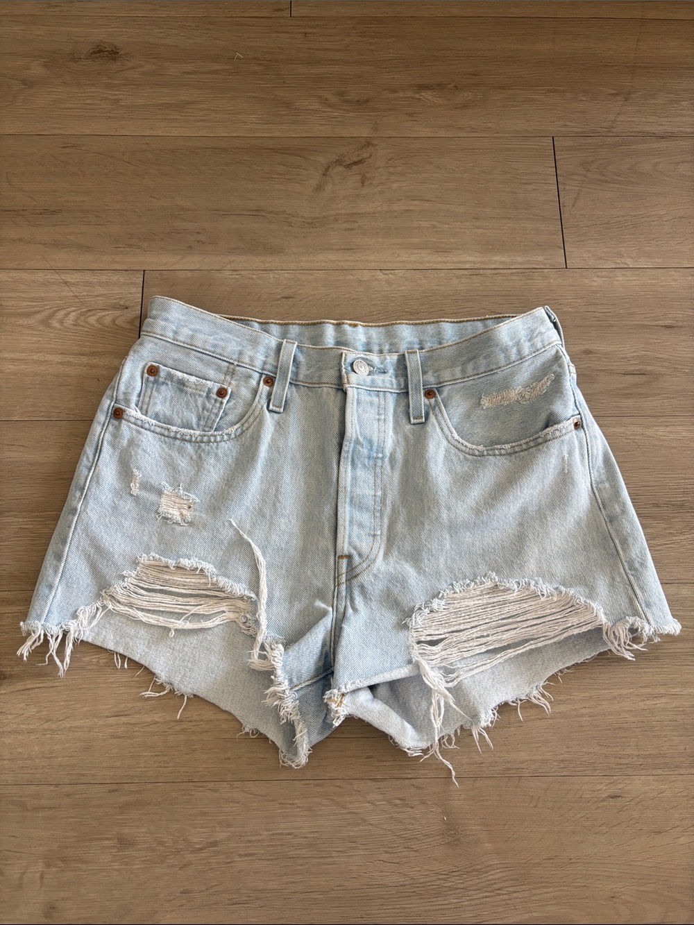Levi Light Wash Distressed High-Waist Denim Shorts